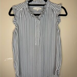 LOFT Ruffled Striped Blouse - Grey and White